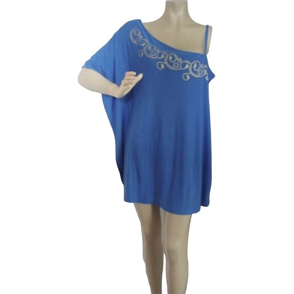 Blue Tunic Blouse Women's XL One Shoulder shirt top gold design polyester dress - Picture 1 of 6